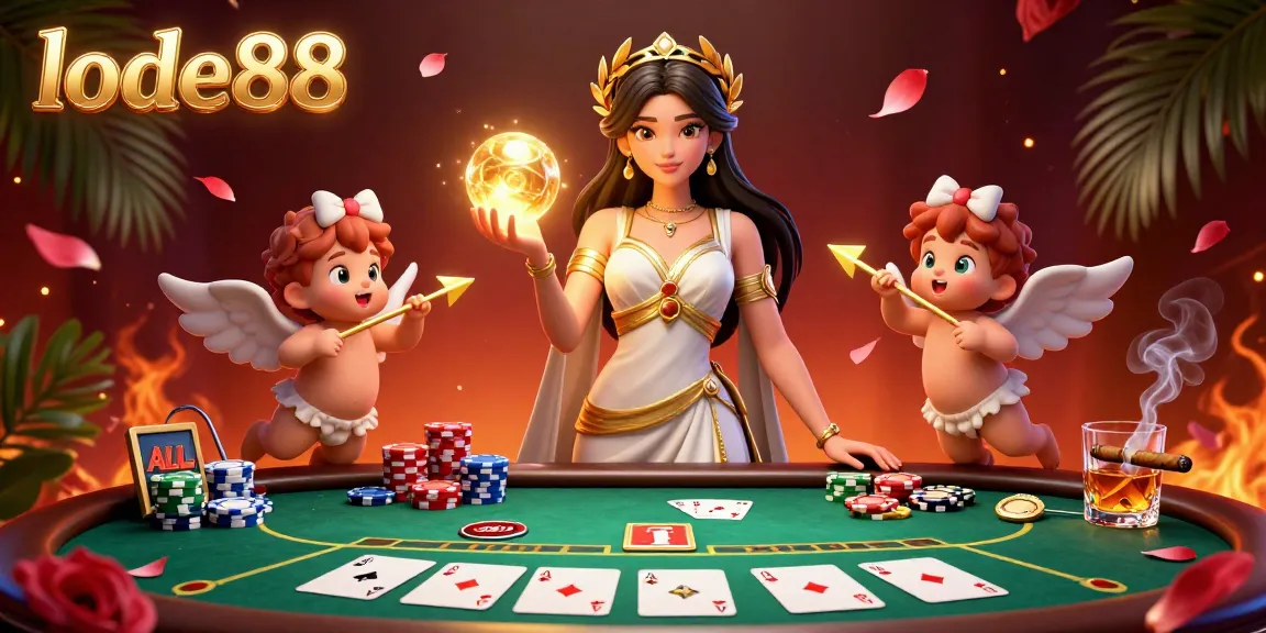Lode88 enhances the online gaming experience with a vibrant, engaging casino scene illustrated in rich 3D detail.