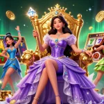 Engage with LU88's immersive slots under enchanting digital lights, featuring a royal figure amid vibrant game elements.