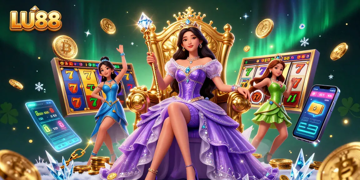 Engage with LU88's immersive slots under enchanting digital lights, featuring a royal figure amid vibrant game elements.