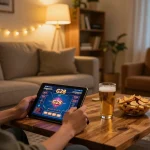 Engaging in strategic online gameplay at G28 on a tablet in a cozy, modern living room.