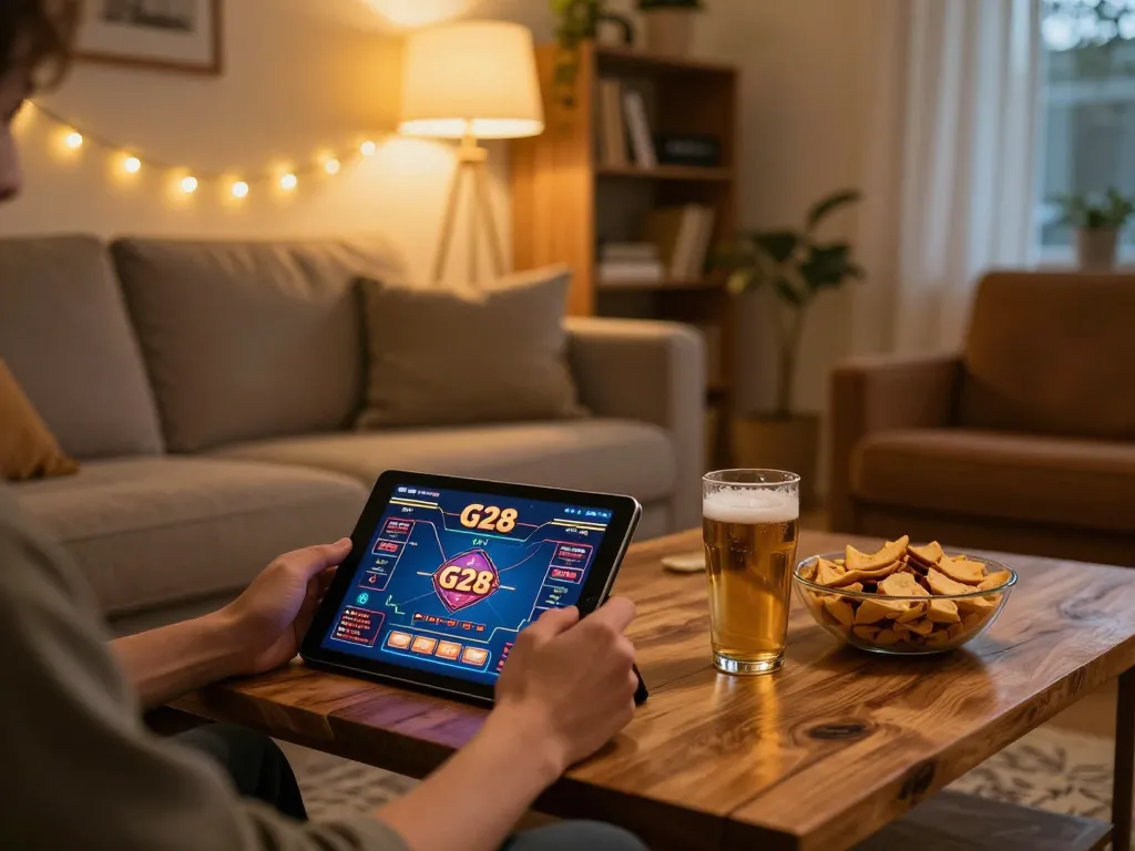 Engaging in strategic online gameplay at G28 on a tablet in a cozy, modern living room.
