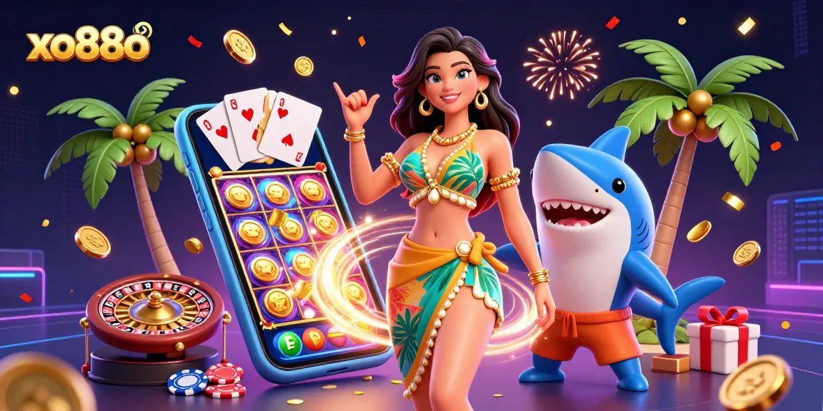 Engage in winning strategies at xo88o, featuring vibrant 3D casino illustration with slot games and festive elements.