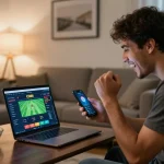 CO88 sports betting enthusiast celebrating a winning moment in a cozy home setup