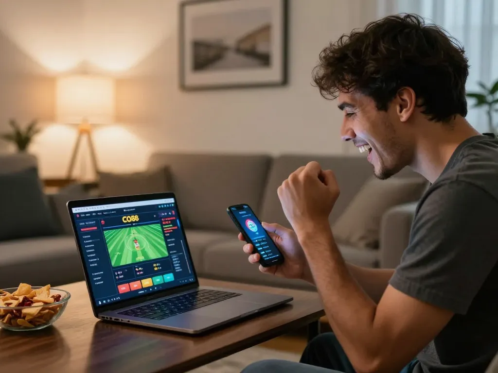 CO88 sports betting enthusiast celebrating a winning moment in a cozy home setup