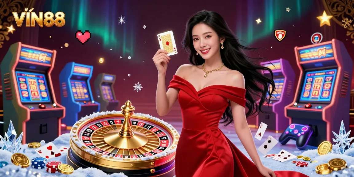 Experience the thrill of VIN88 with a stunning casino scene featuring dynamic slot machines and a confident dealer.