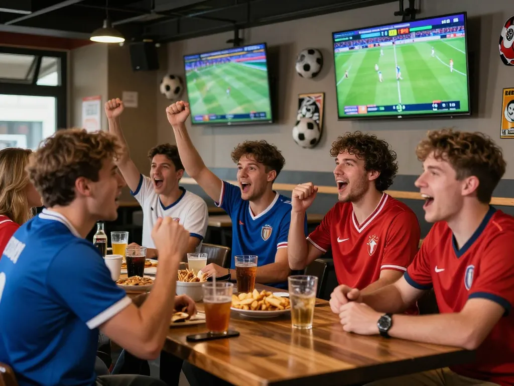 Friends cheering for their teams while watching live football on multiple screens, showcasing nowgoal's role in live sports analysis.