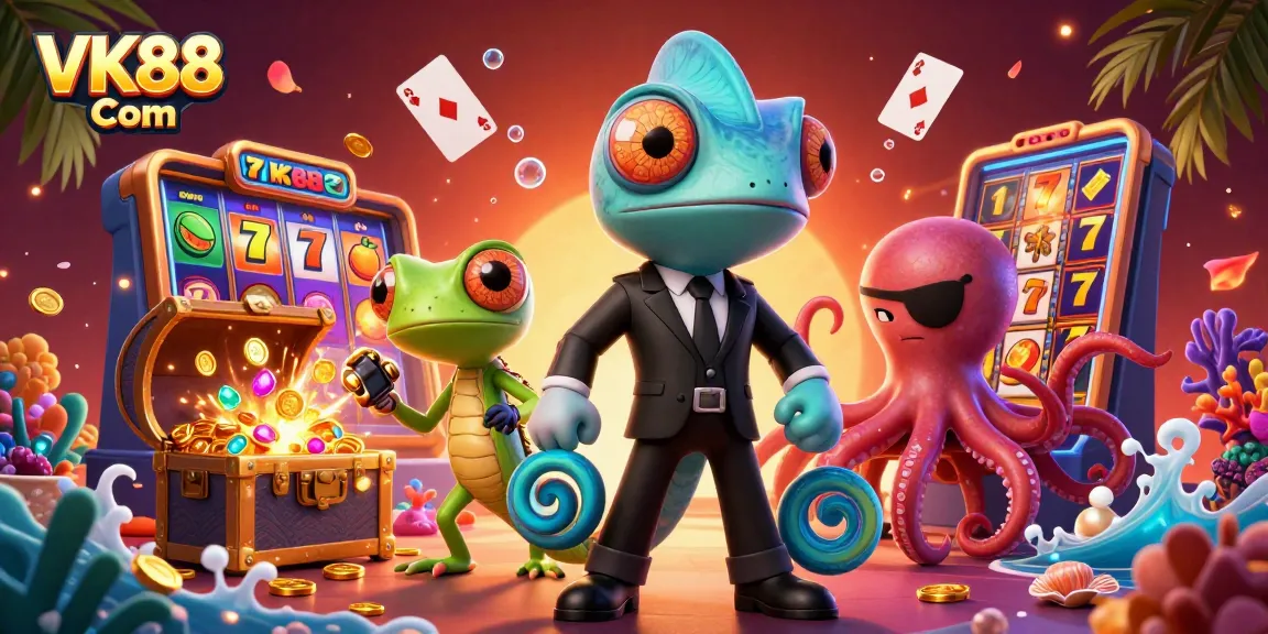 Join the excitement with VK88 Com, where colorful slot reels and adventurous characters bring casino gaming to life.