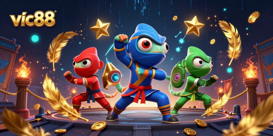 Experience thrilling gameplay with vic88's ninja chameleon team amidst a vibrant casino backdrop.