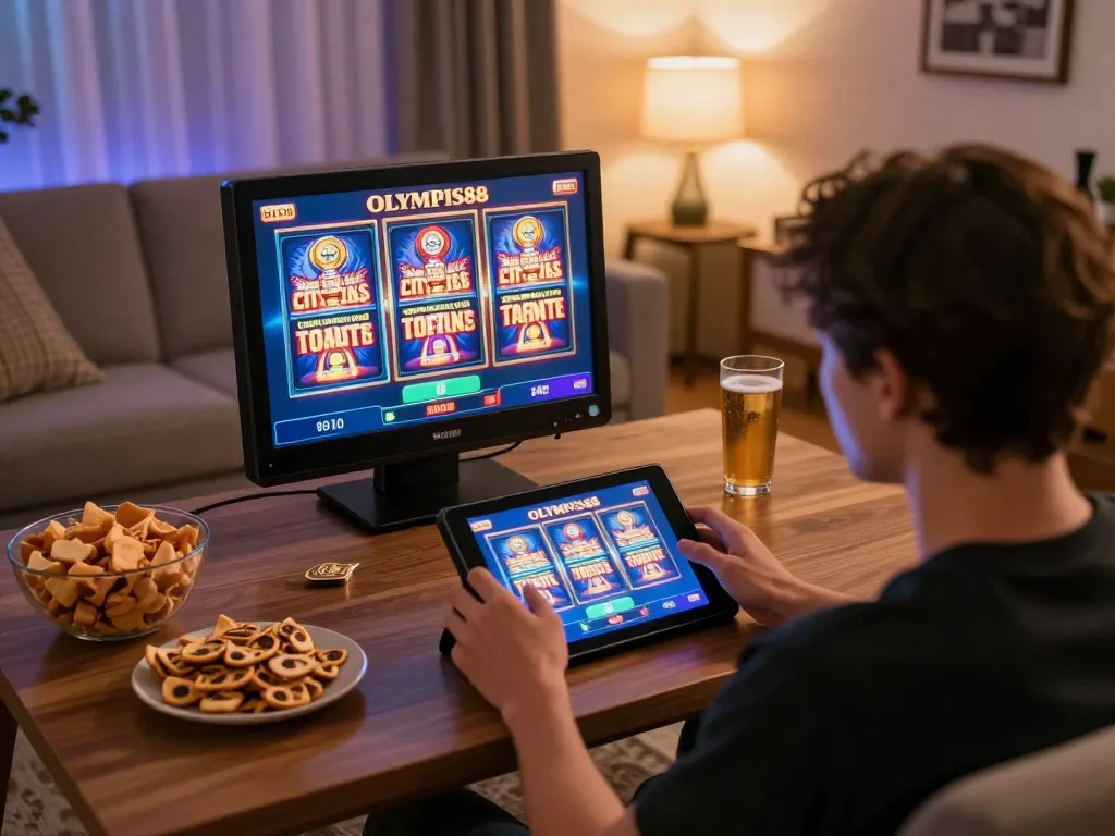 Enjoying OLYMPUS88 slot gaming experience from home with vibrant digital graphics