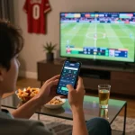 Excited sports fan placing bets on JUN88 app during live match at home.