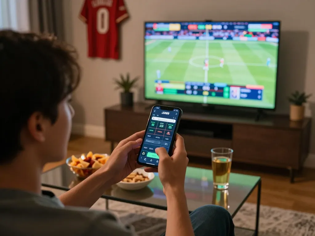 Excited sports fan placing bets on JUN88 app during live match at home.