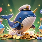 Surewin casino illustration with a cartoon whale and dolphins amidst gaming elements, radiating excitement.