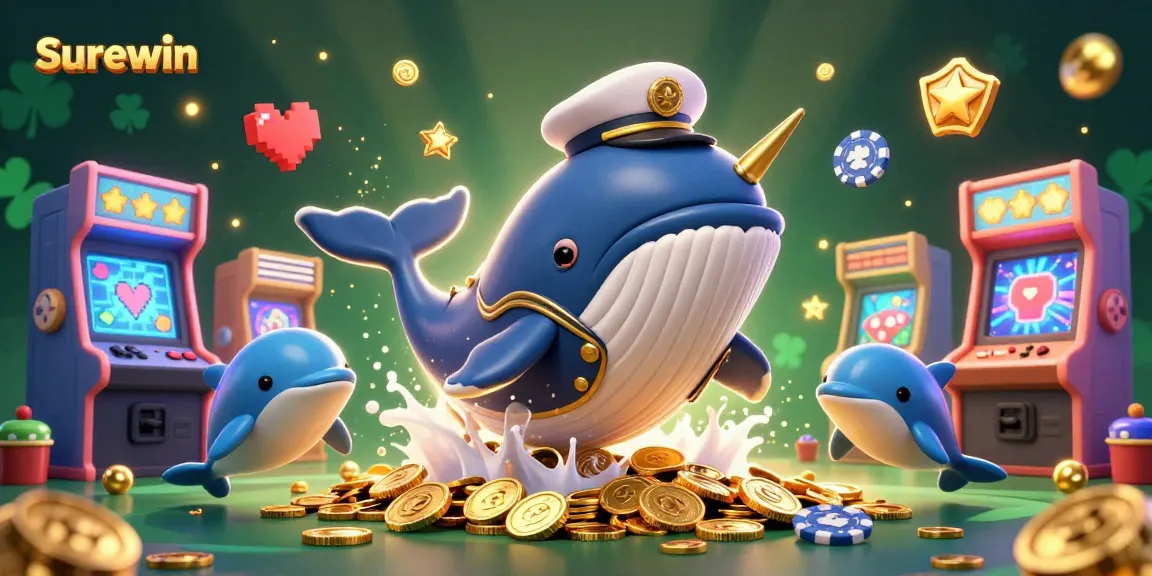 Surewin casino illustration with a cartoon whale and dolphins amidst gaming elements, radiating excitement.