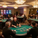 Players enjoying blackjack at FIVE88 casino table under warm lighting in vibrant decor.