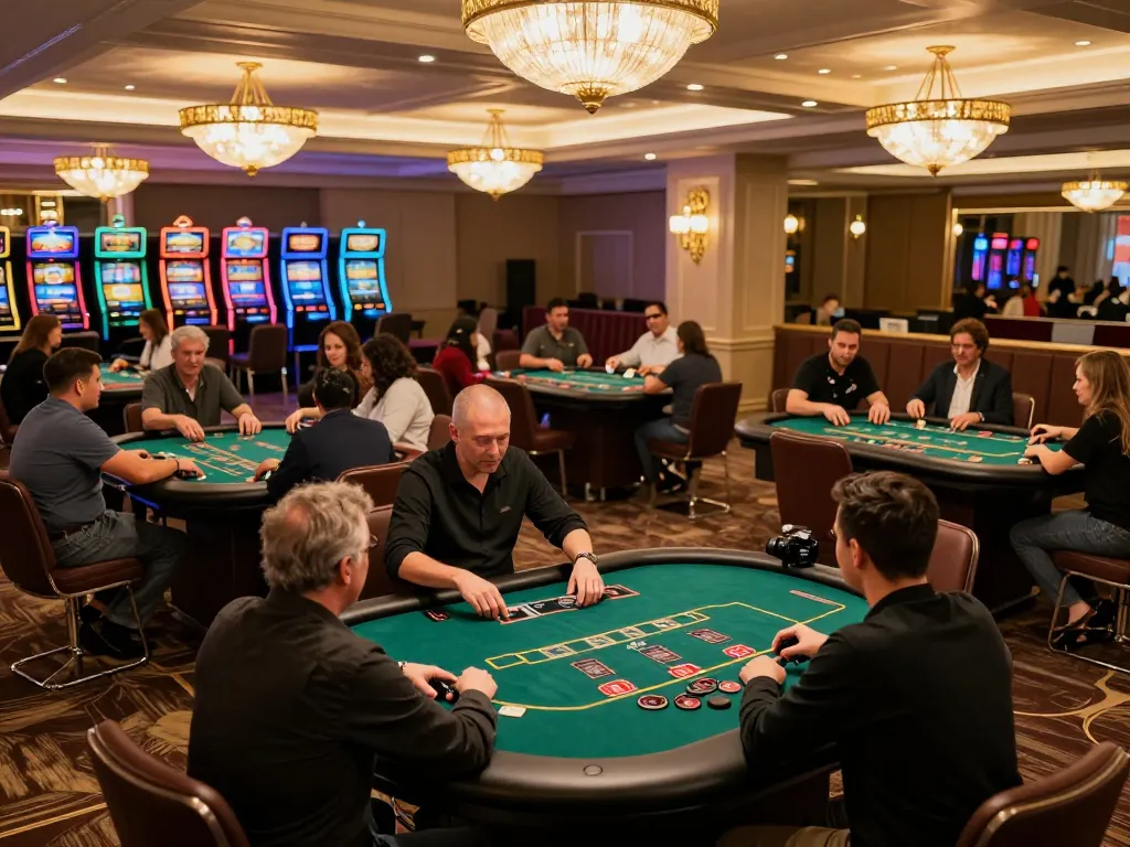 Players enjoying blackjack at FIVE88 casino table under warm lighting in vibrant decor.