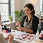 Client bucurându-se de un tratament de frumusețe de lux în timp ce răsfoiește opțiunile de produse cosmetice online pentru îngrijire personală.