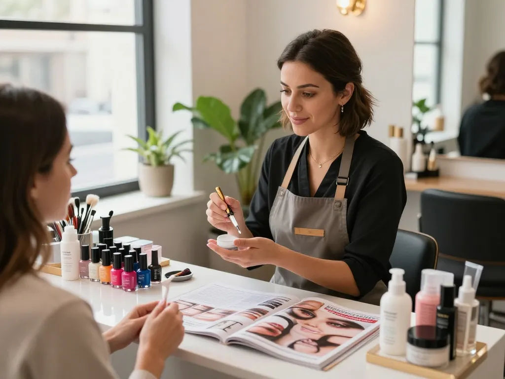 Client bucurându-se de un tratament de frumusețe de lux în timp ce răsfoiește opțiunile de produse cosmetice online pentru îngrijire personală.