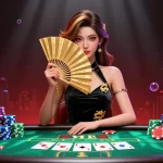Participate in thrilling GA88 poker action with a stunning Asian dealer at a vibrant casino table.