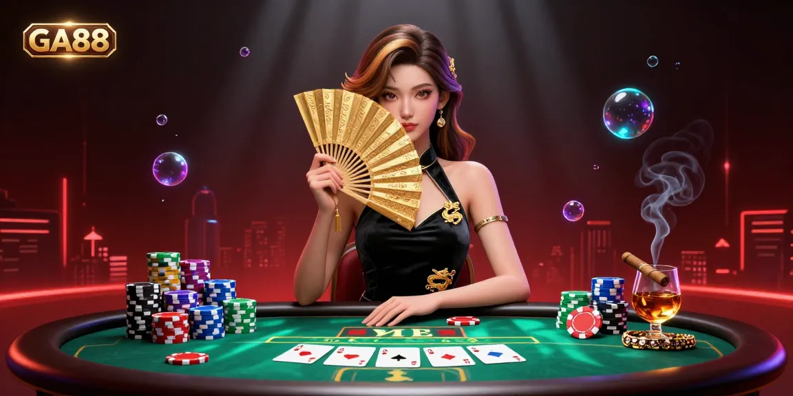 Participate in thrilling GA88 poker action with a stunning Asian dealer at a vibrant casino table.