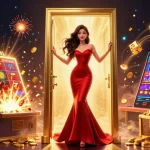 Experience the vibrant HIT CLUB gaming scene with a woman in a striking gown and jackpot visuals.