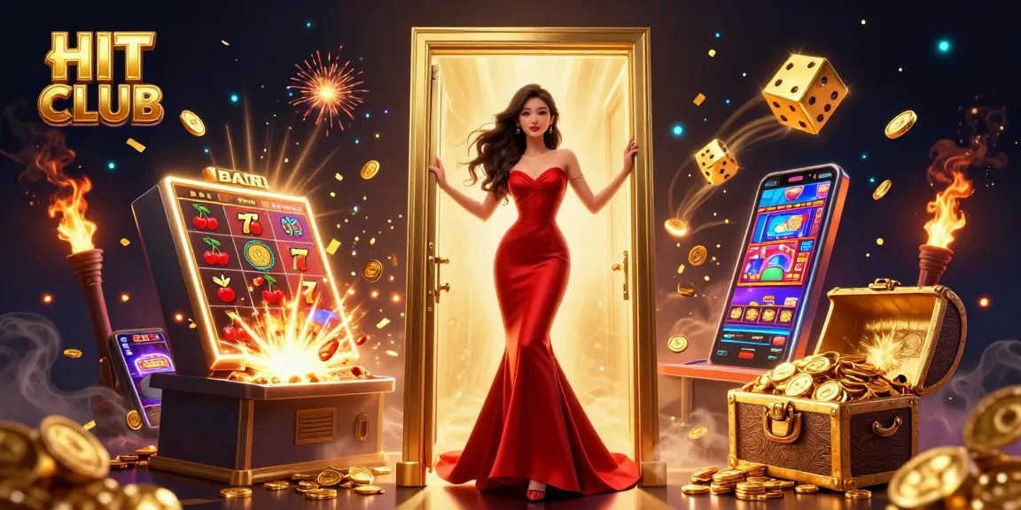 Experience the vibrant HIT CLUB gaming scene with a woman in a striking gown and jackpot visuals.