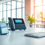 Engage with the cloud business phone system through a modern office setup, showcasing innovative technology.