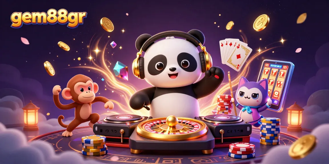 Experience excitement with gem88gr as a panda DJ spins roulette themed turntables surrounded by casino elements.