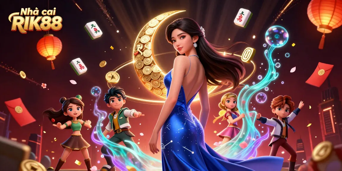 Engage in thrilling experiences with Nhà cái RIK88, showcasing an elegant woman in a vibrant casino atmosphere.