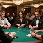 Players intensively strategizing during a thrilling poker game at TG88 casino setting.