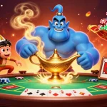 Exciting BJ88 casino scene with a genie, monkey, and poker elements showcasing thrilling gameplay.
