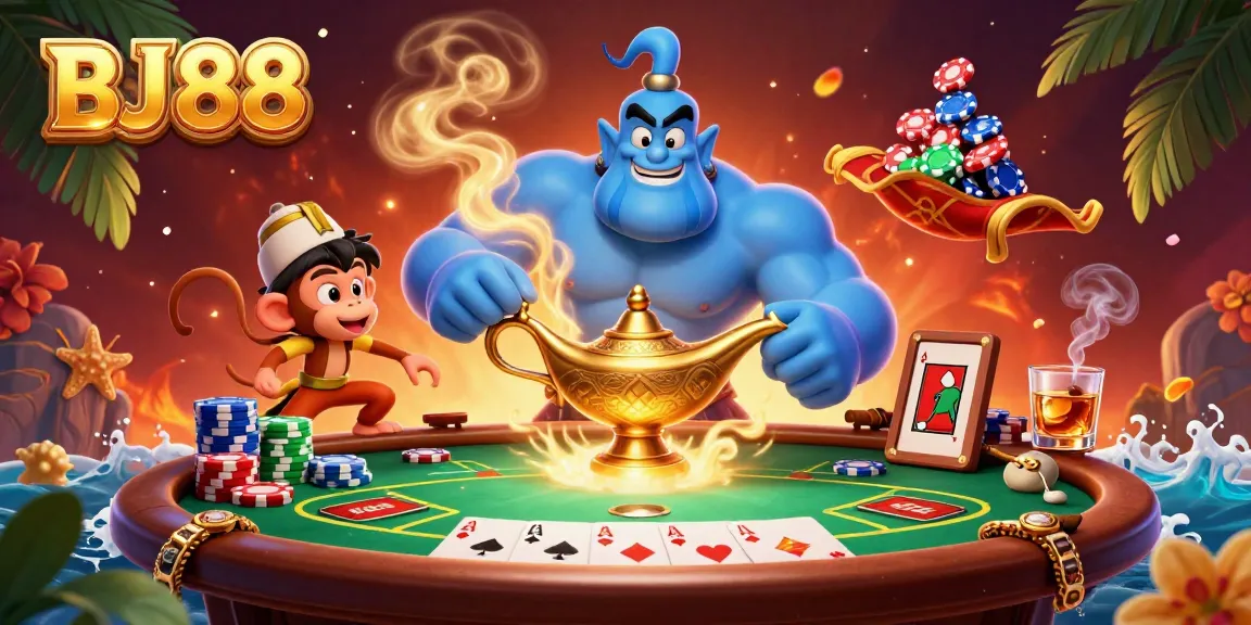 Exciting BJ88 casino scene with a genie, monkey, and poker elements showcasing thrilling gameplay.