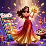 Experience thrilling gameplay at vk88 with a stunning Asian woman highlighting golden treasures and energizing casino elements.