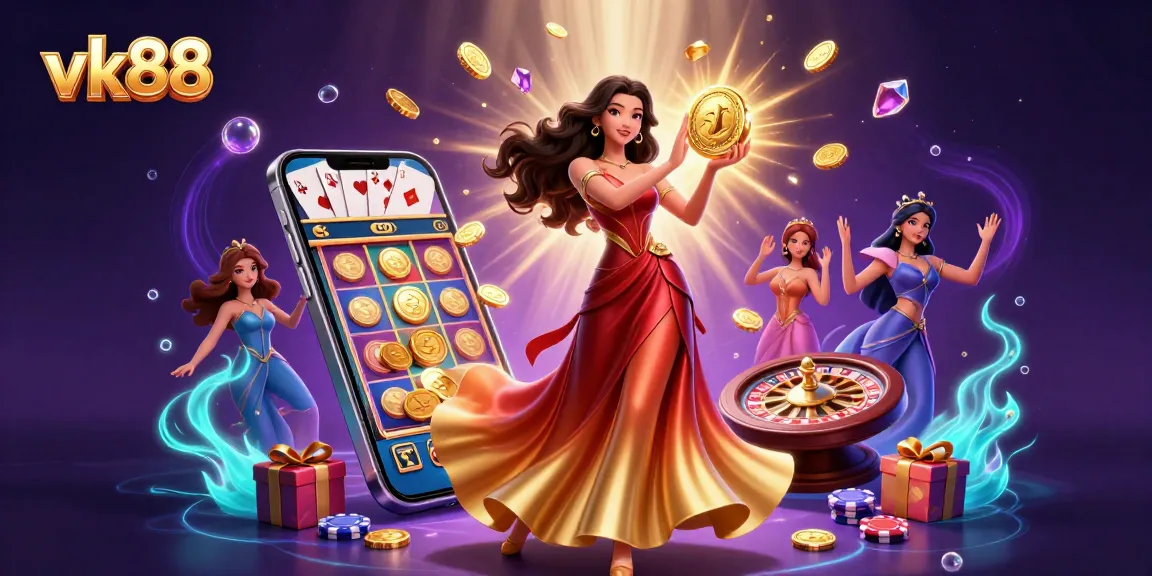 Experience thrilling gameplay at vk88 with a stunning Asian woman highlighting golden treasures and energizing casino elements.