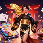 Engage in immersive gaming at ggwin, where an elegant Asian woman interacts with vibrant casino elements.