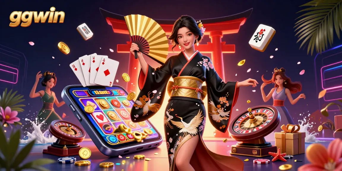 Engage in immersive gaming at ggwin, where an elegant Asian woman interacts with vibrant casino elements.