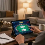 Player engaging with LU88 betting app in a stylish home setting, showcasing online gambling