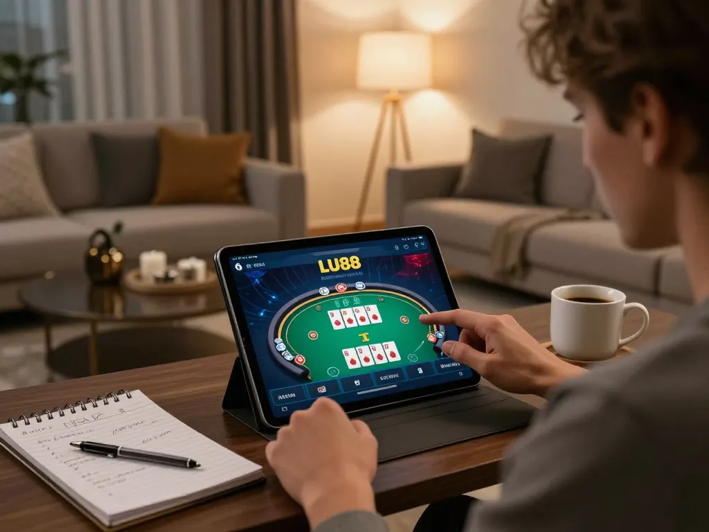 Player engaging with LU88 betting app in a stylish home setting, showcasing online gambling