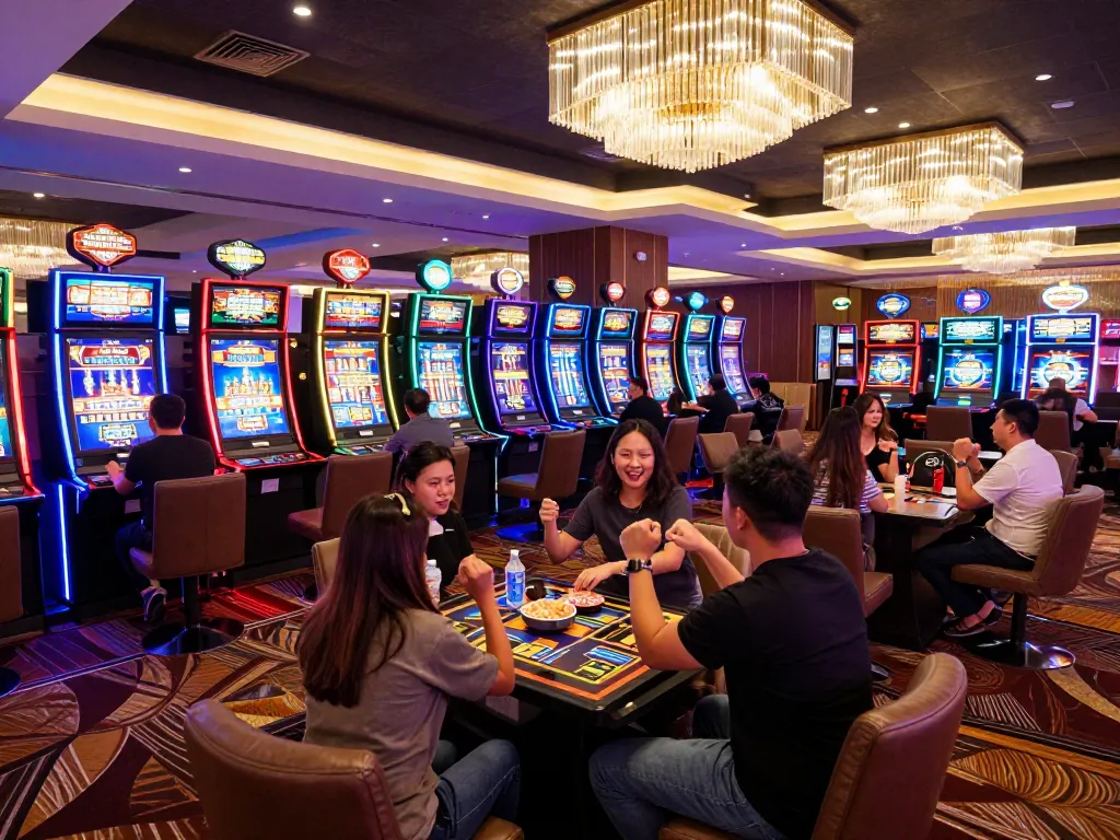 Players enjoy thrilling moments at NOHU's vibrant gaming room with colorful slot machines.