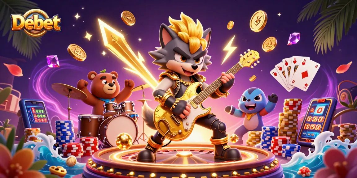 Experience thrilling gameplay at Debet casino with 3D characters, sparkling coins, and vibrant scenes.
