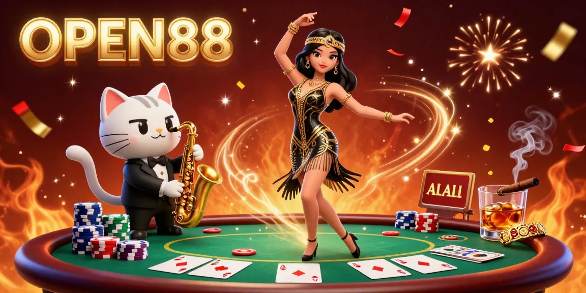 OPEN88's dynamic casino illustration showcasing gambling excitement and vibrant energy.