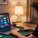 Player enjoying online games at casinos that accept credit cards in a cozy home office.