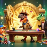 LLWIN offers an engaging online casino scene with a velociraptor card counter, a suspicious pit boss, and a sneaky compy.