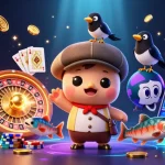 Engage with the qs88 experience surrounded by fun, playful characters in a vibrant casino scene.
