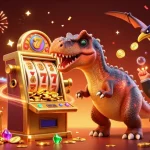 x88 slots jackpot scene with dinosaur characters celebrating coin wins at a casino