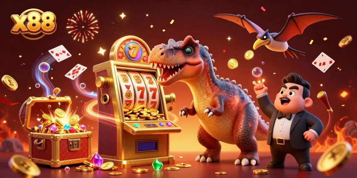 x88 slots jackpot scene with dinosaur characters celebrating coin wins at a casino