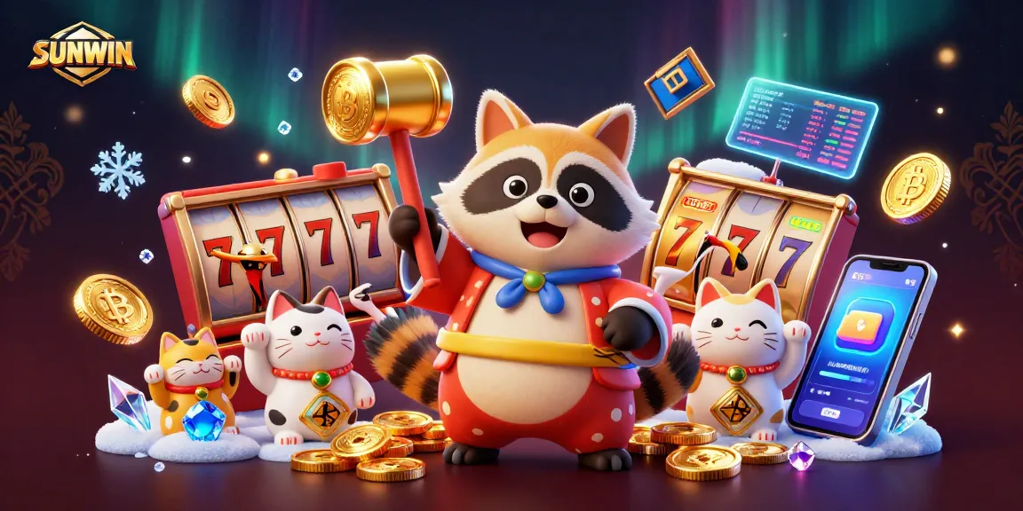 Play exciting slot games with SUNWIN's vibrant 3D casino scene featuring lucky symbols and crypto elements.