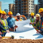 Engaging scene of construction advocacy showing diverse individuals collaborating on a building project.