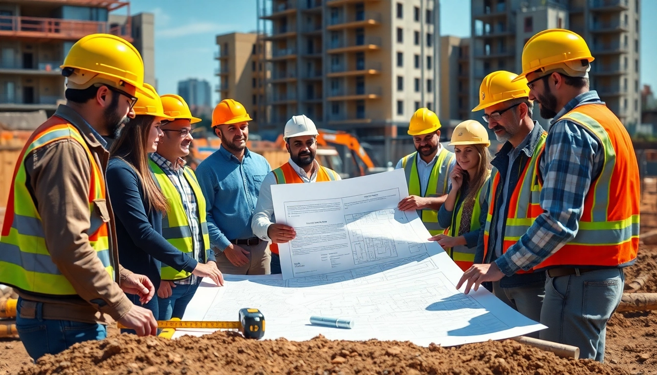 Engaging scene of construction advocacy showing diverse individuals collaborating on a building project.