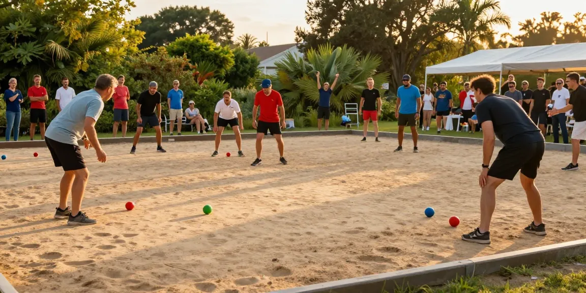 Petanque athletes playing on the court showcasing fopikotapalu.org community spirit.