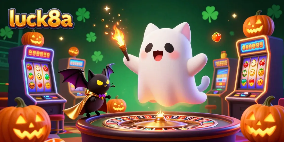 Engaging illustration showcasing luck8a's dynamic casino experience with ghost cat and themed elements.